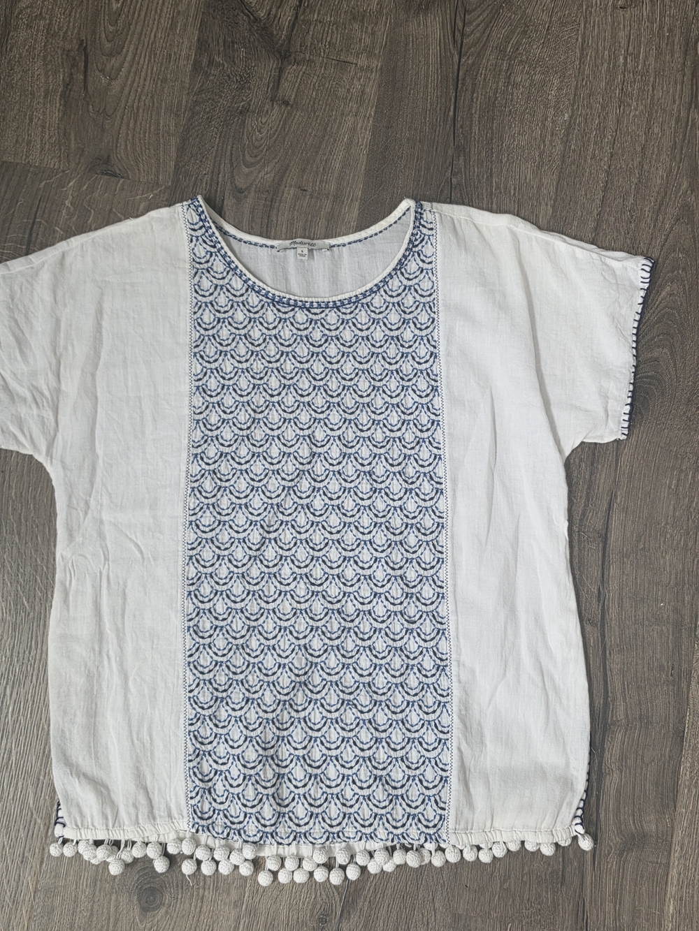 Madewell White Top with Blue Embroidered Front Panel